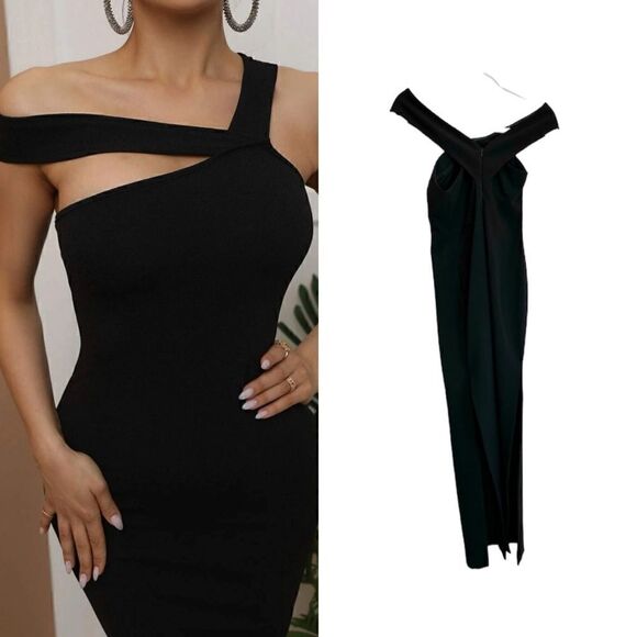 Likely Black asymmetrical shoulder formal maxi Dress - Picture 1 of 11